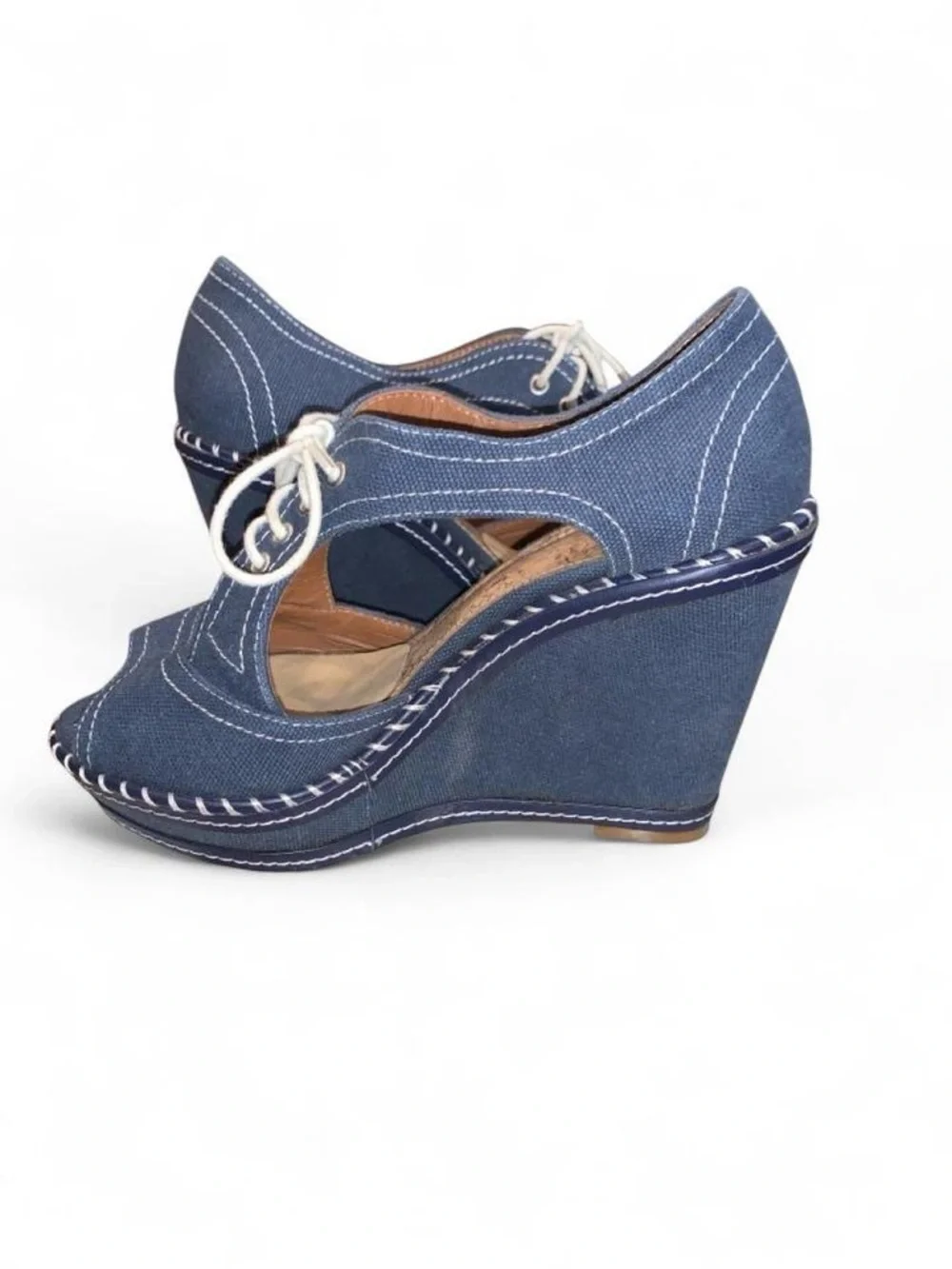 Women's Blue Denim Lace-Up Wedge Sandals